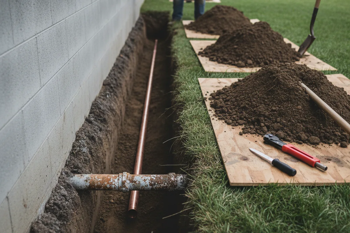 Excavated water line trench during Water Softener Installation in Silver Grove